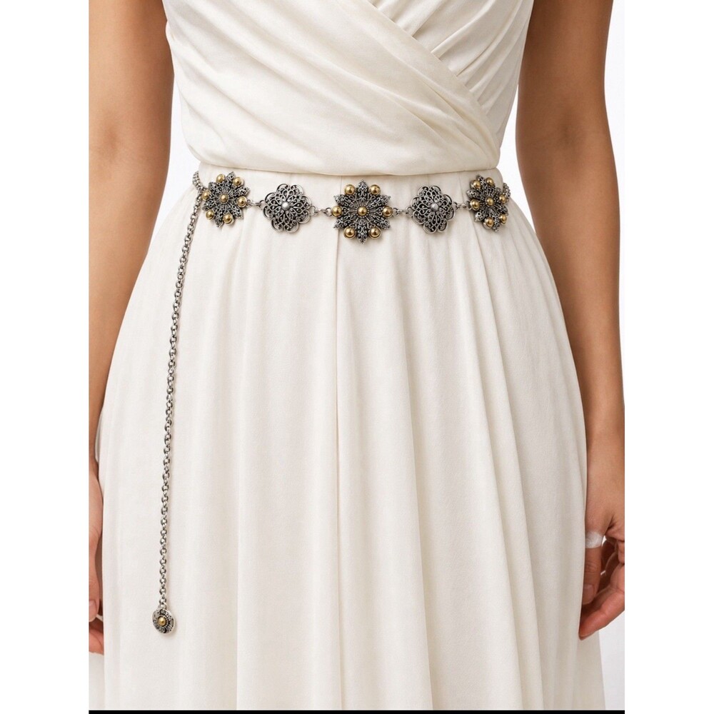 Brighton Retired Chain Belt Flowers Silver Gold Tone Adjustable Length